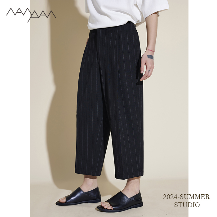 2025 S/S Summer High Elasticity Wide-Leg Pants Cool Black Striped Preppy Style Relaxed Casual Cropped Pants
