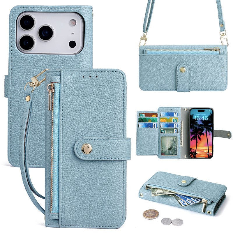 Suitable for Apple 17Pro Max Mobile Phone Case with Cross-Body Lanyard, Iphone17 Zipper Coin Card Holder, 16Promax Anti-Fall Protective Case, 14Pro High-End Genuine Leather, New Model That Can Hold Cards on the Back