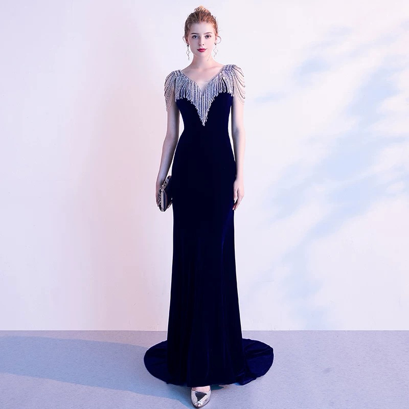 Black Sequin Hostess Evening Dress, Annual Meeting, High-End, Elegant Fishtail Dress, Student Art Exam, Folk Song Solo Performance Black Sequin Hostess Evening Dress, Annual Meeting, High-End, Elegant Fishtail Dress, Student Art Exam, Folk Song Solo Performance
