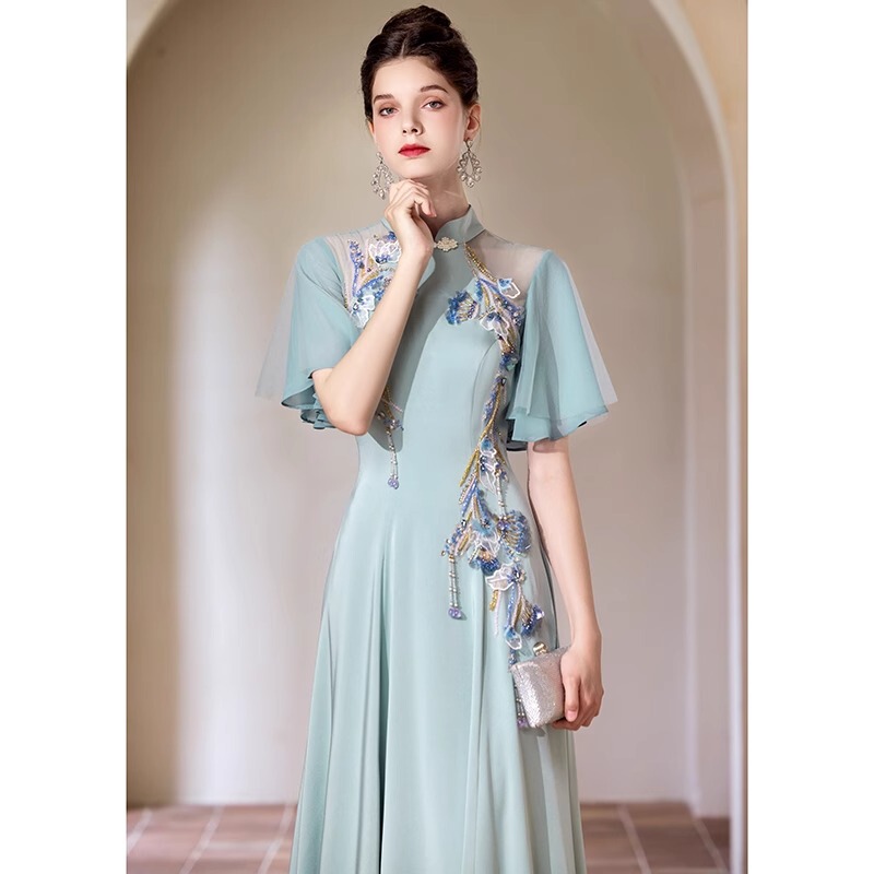 Elegant and Dignified Host Evening Dress for Women 2026 New Style Student Art Exam Heavy Craftsmanship Folk Music Solo Performance Dress Annual Meeting Elegant and Dignified Host Evening Dress for Women 2026 New Style Student Art Exam Heavy Craftsmanship Folk Music Solo Performance Dress Annual Meeting
