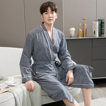 Sleeping robe mens spring and autumn season pure cotton long sleeves Long sleeves Long sleepwear mens thin sections can be outworn full cotton bathrobe with increased code bathrobe