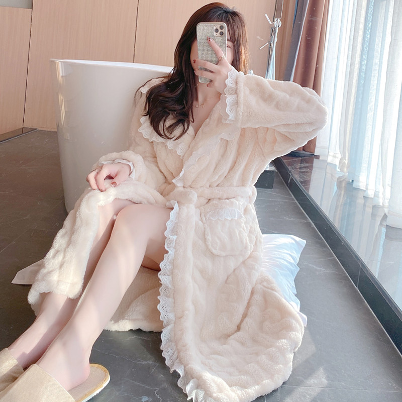 2021 New Sleepwear Women's Autumn Winter Sweet And Sexy Coral Suede Thickening Long Version Pyjamas Winter Bathrobe home clothes