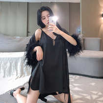 Harness Sleeping Skirt Woman Summer Ice Silk Screen Red Sexy Feather Pure Desire Silk Thin sleeping robe pajamas two-piece set