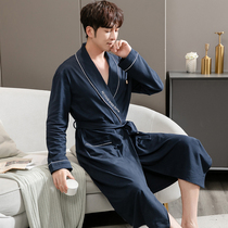 Sleeping robe mens spring and autumn clothes pure cotton long sleeves easy to increase code thin section All cotton Young bathrobe pyjamas can be worn out