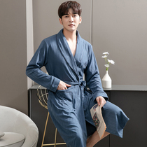 2021 New pure cotton sleeping robes mens spring and autumn with long sleeves pure color Advanced senses Long-style full cotton bathrobe pajamas