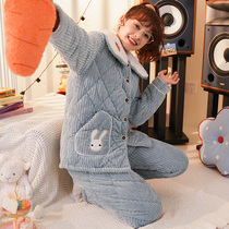 Pajamas Woman Autumn Winter Cute Thicken Plus Suede 2021 New Coral Suede Triple Clip Cotton Super-Thick Winter Style Suit