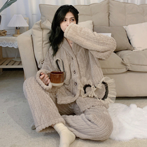 Sleepwear Woman Winter Coral Suede Plus Suede Thickened Little Savour Cardiotheca Cardiff Flannel Flannel Suit Suit outside the home