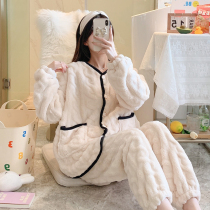 2021 Thickened Pyjamas Woman Autumn Winter Coral Suede Pure Color Black Strips Fashion Cardiovert Flannel Suede Suit Suit