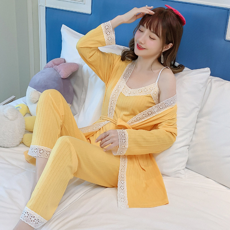 2020 Korean Version Yellow Sexy Harness Pure Cotton Pyjamas Woman Long Sleeve Autumn Winter Thin Lace Lace Three Suits