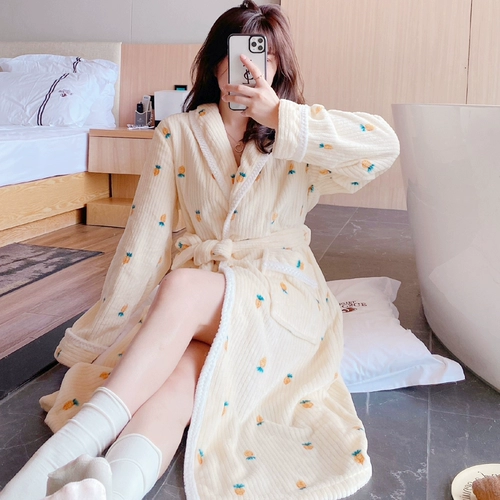 Демисезонный коралловый бархатный фланелевый банный халат, бархатная флисовая длинная милая пижама, 2025 года, увеличенная толщина