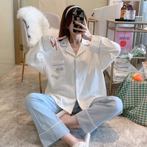 Simple pyjamas womens spring and autumn pure cotton long sleeves cute cardiopouses can be worn outside the students autumn home to suit two suits
