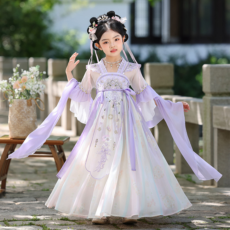 Girls' Hanfu Summer New Style Ancient Style Super Fairy-Like Purple Embroidered Skirt Children's Tang Suit Princess Dress Chinese Style
