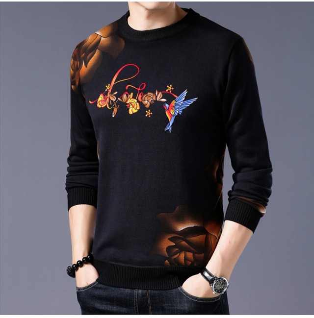 Áo len nhung dày cho nam mùa thu và mùa đông cổ tròn áo len cashmere áo len in hoa chim len đan áo len chạm đáy nam blazer nam