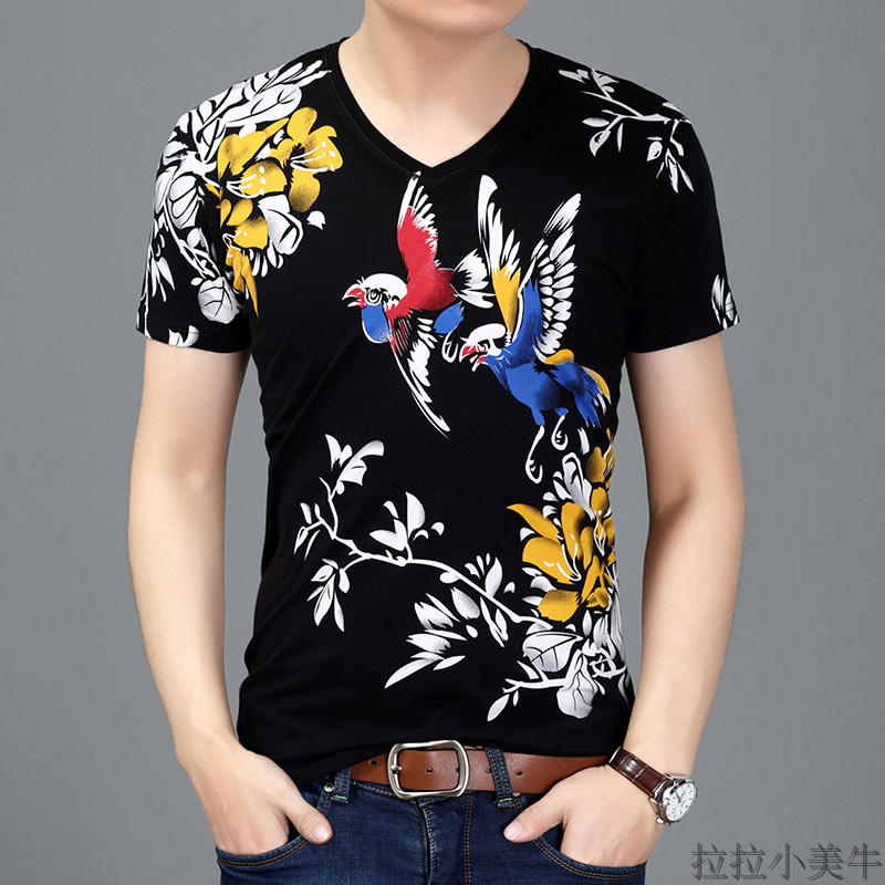 夏季新款男士印花V领短袖T恤花鸟树叶青年半截袖体恤上衣男装半袖