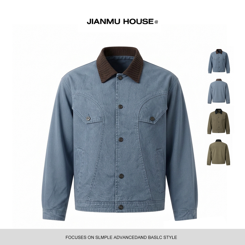 Jianmu House Spring and Autumn American Retro Short Workwear Jacket for Men, Patchwork Barn Style Lapel Coat for Men Jianmu House Spring and Autumn American Retro Short Workwear Jacket for Men, Patchwork Barn Style Lapel Coat for Men