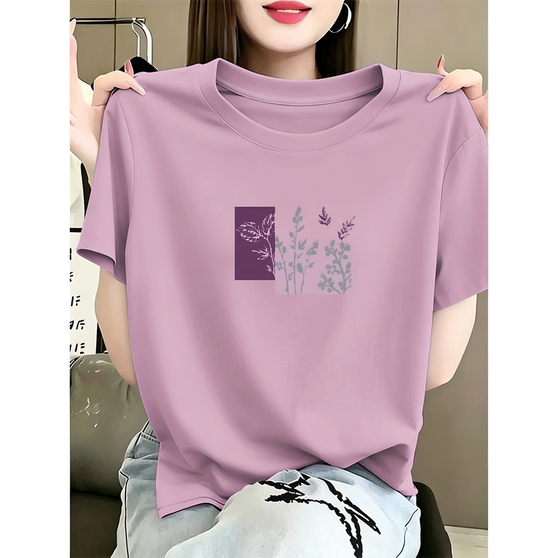 Pure Cotton T-Shirt with Regular Shoulders, Short Sleeves, Loose Fit for Women in Summer, Versatile Casual Wear for Slightly Chubby Women, Plus Size Women's Clothing, Slimming and Tummy-Covering Top