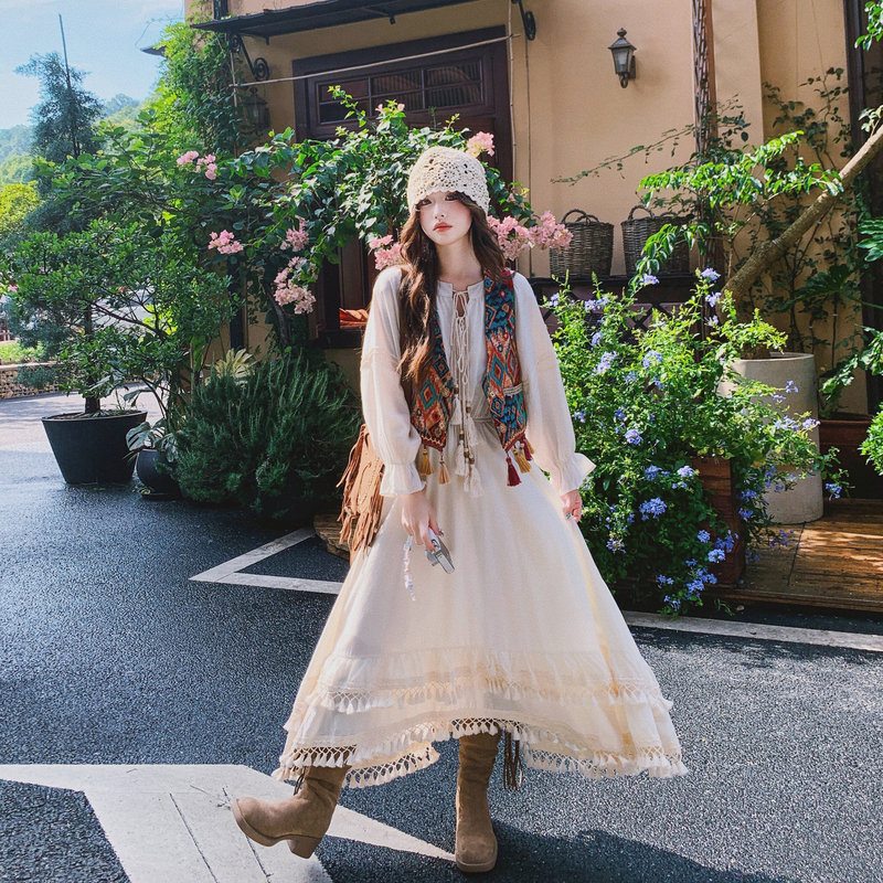 Bohemian Nomadic Style Xinjiang Tibet Travel Outfit Tassel Irregular Ethnic Style Dress Set