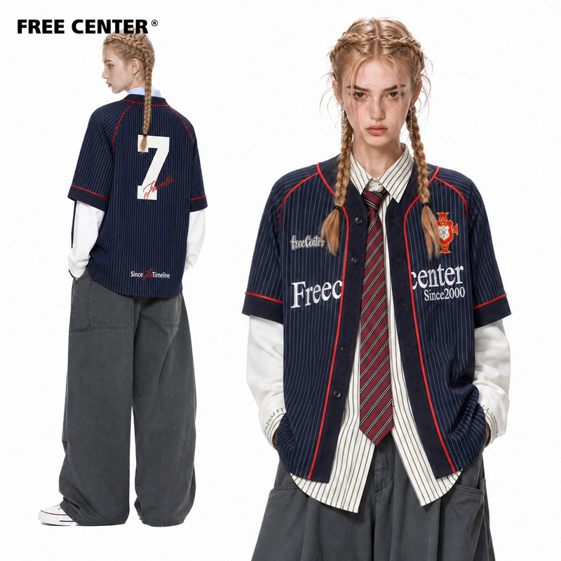 Free Center American College Style Vertical Striped Fake Two-Piece Long-Sleeve Baseball Cardigan Jacket Loose Casual Shirt Free Center American College Style Vertical Striped Fake Two-Piece Long-Sleeve Baseball Cardigan Jacket Loose Casual Shirt