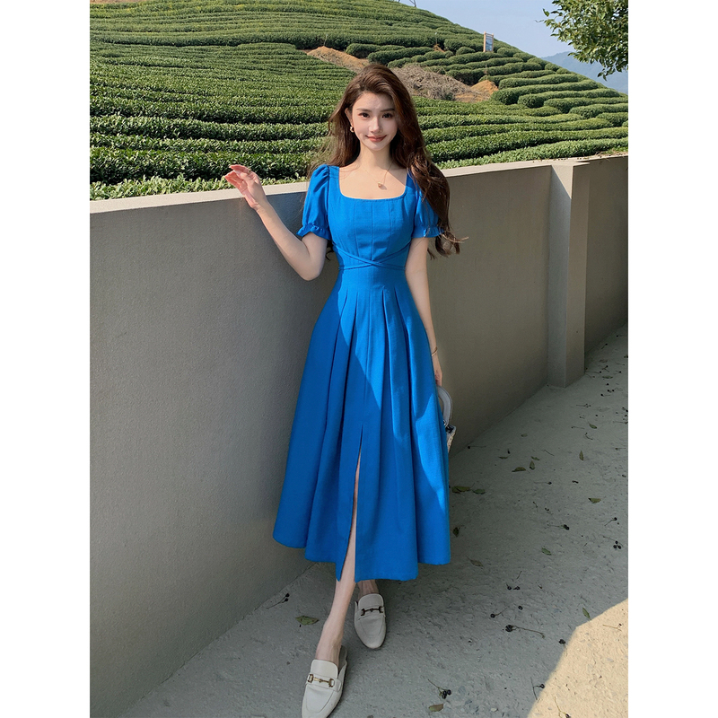 Deng Liuli's French Retro Klein Blue Dress for Women, Summer Tie-Waist Slimming Vacation Long Dress with Large Skirt Deng Liuli's French Retro Klein Blue Dress for Women, Summer Tie-Waist Slimming Vacation Long Dress with Large Skirt