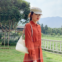 Autumn dress 2021 new design sense niche polo collar long sleeve lace medium long orange shirt dress