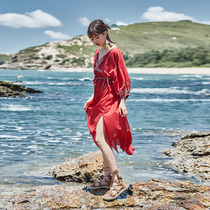 Beach dress women seaside holiday long skirt ethnic style embroidery plus size loose thin retro red dress