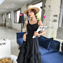 French heart machine little black dress Hepburn style black puffy cake skirt slim long skirt suspender dress summer