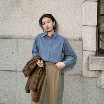 2022 Spring Design Sensation Small Crowd Retro Port Taste Lining Woman Spring Korean Version Loose Blue Shirt Brief About 100 Hitch Blouse
