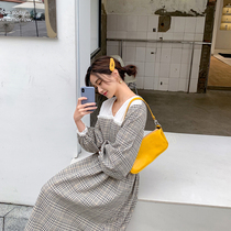 2021 Spring New Female French Palace V-Collar Waist Long Temperament Splice Vintage Plaid Dress