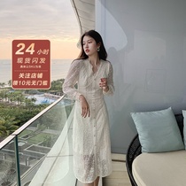 Spring clothing 2022 new French style retro gentle wind fairy skirt cashew with slim and long dresses lace dress sweaters dress