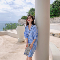 Summer dress 2022 New womens seaside holiday Lean Shade of Gentle Relaxation Little Sub Blue Plaid Dress