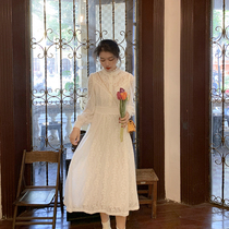 Elegant hollowed-out inner lap length dress with slim long sleeve white lace white lace underdress and dress lady autumn and winter fit