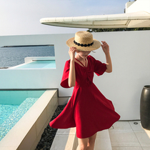2021 summer dress new V-neck high waist slim temperament short skirt small red dress vintage red chiffon dress
