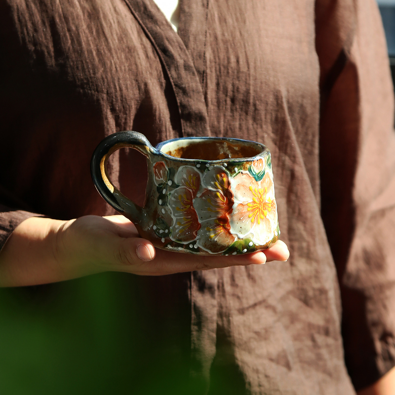 Hand-Painted Wooden Flower Coffee Cup, Afternoon Tea Cup, Vintage Rough Cup Set, Jingdezhen Ceramic Underglaze Color Cup