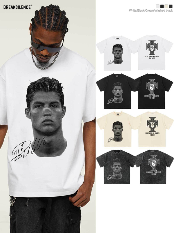 American Football Cristiano Ronaldo Double-Sided Printed Short-Sleeved T-Shirt for Men, Retro Washed and Distressed, 300g Heavyweight Pure Cotton, Loose Half-Sleeve