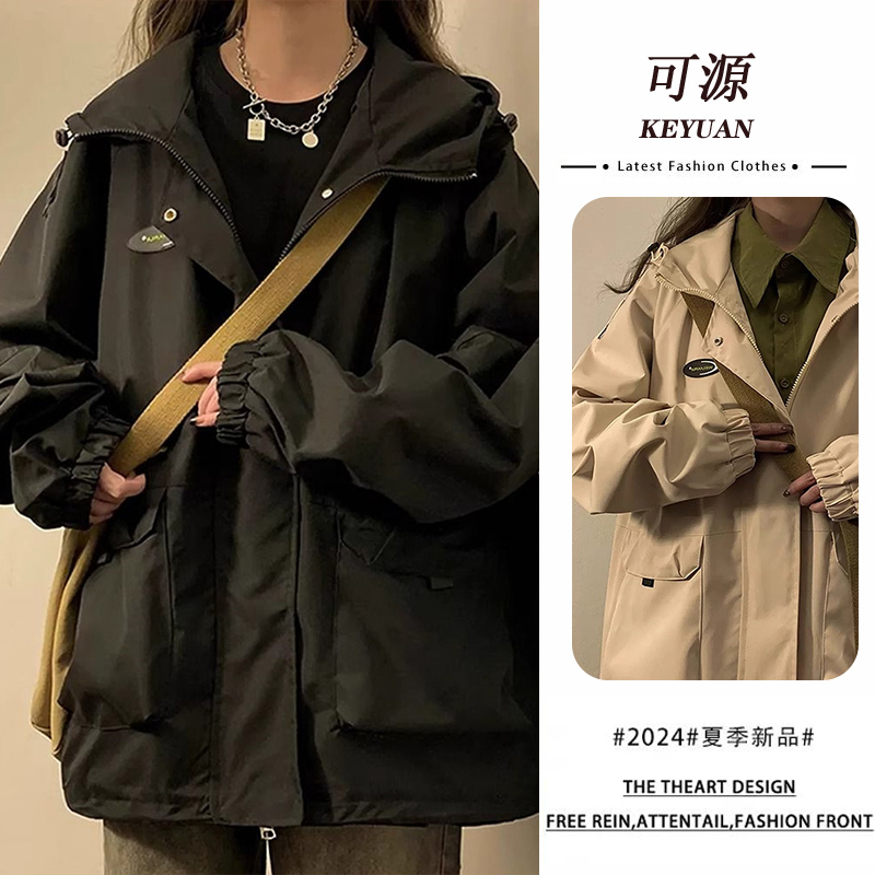 Khaki Hooded Jacket for Women, New Autumn Style, Plus Size 150kg Design, Large Pockets, Slimming Workwear Jacket Khaki Hooded Jacket for Women, New Autumn Style, Plus Size 150kg Design, Large Pockets, Slimming Workwear Jacket