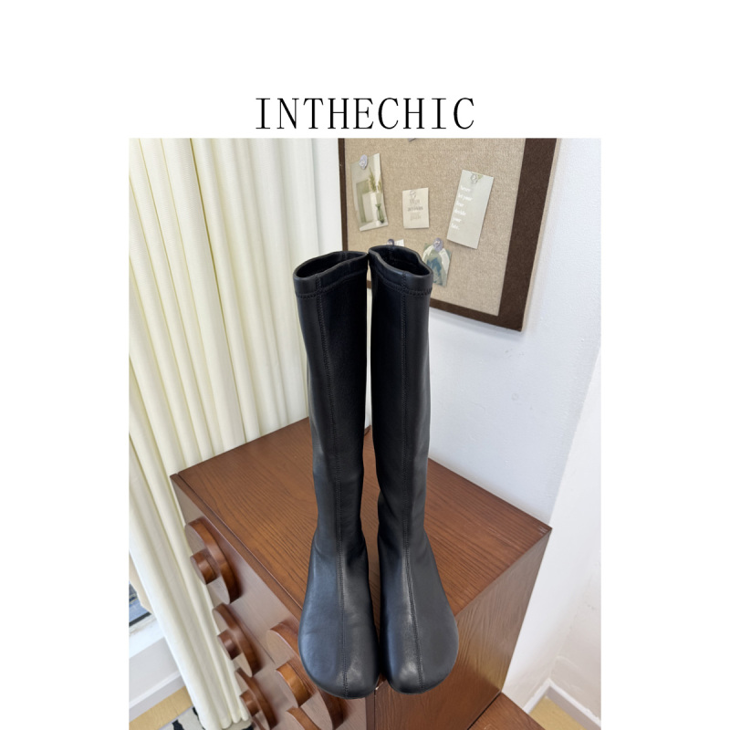 Inthechic | Super Slimming Doll-Style Big-Head Height-Increasing Elastic Boots, Soft Leather Retro High-Tube Slim Boots Inthechic | Super Slimming Doll-Style Big-Head Height-Increasing Elastic Boots, Soft Leather Retro High-Tube Slim Boots