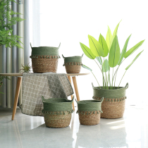 Rattan straw flower basket Nordic hand-woven flowerpot living room balcony decoration floor potted green plant basket
