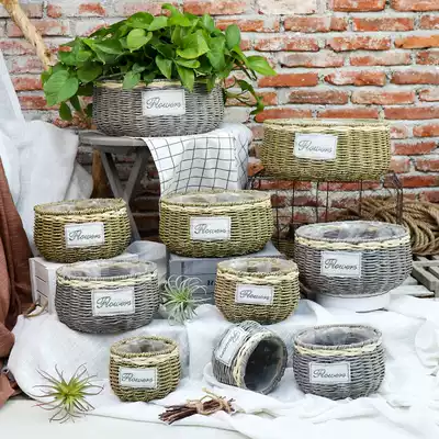 Pastoral rattan straw weaving bamboo weaving green planting large flowerpot gold Gedo meat small flower arrangement flower basket pure hand woven basket creative