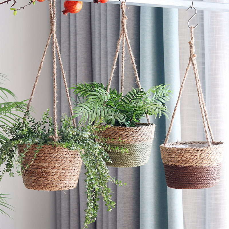 Rattan woven straw chichang hanging flower pot green planting flower basket gold Graspberry garden decorative florin handmade basket