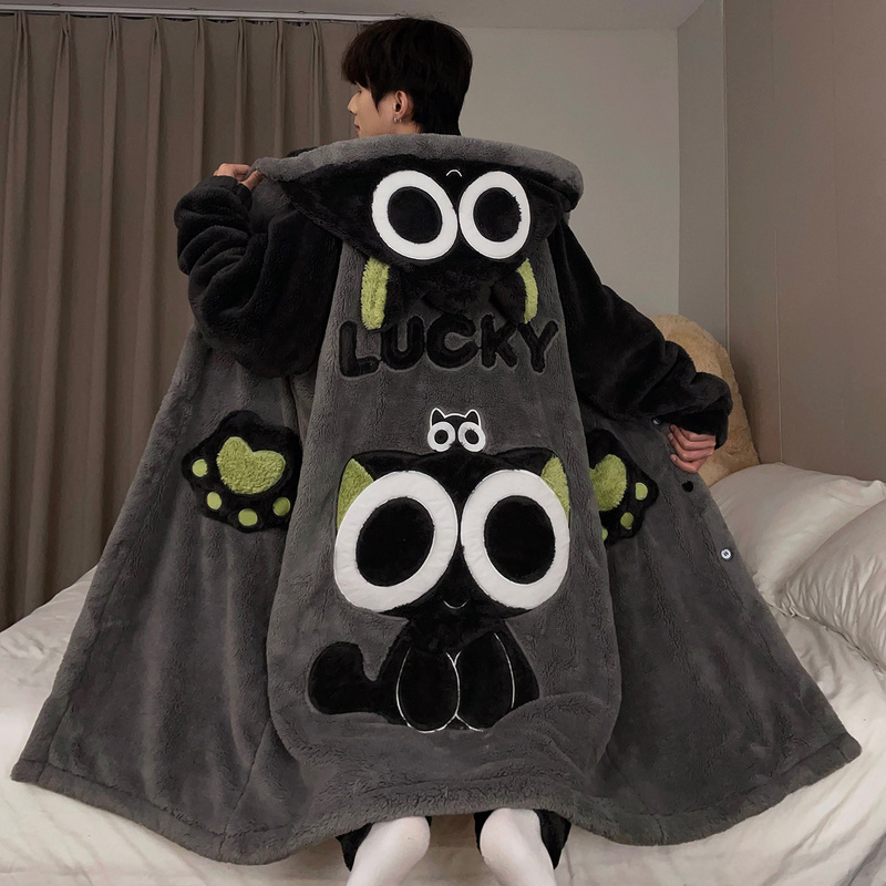 Pajamas for Men in Autumn and Winter, Coral Velvet Nightgown for Men, Fleece-Lined and Thickened, Luo Xiaohei Bathrobe, Winter Home Wear for Boys