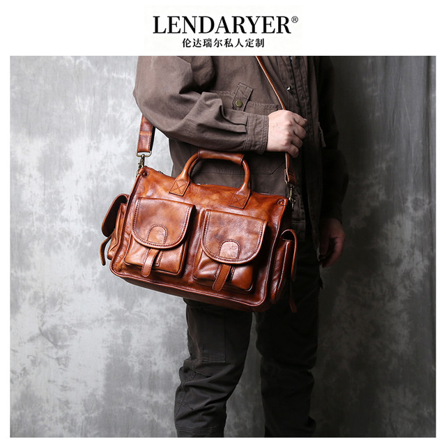 Lendaryer Men's Briefcase New Model High-End First-Layer Cowhide Horizontal Style Vintage Hand-Rubbed Vegetable-Tanned Leather Laptop Bag