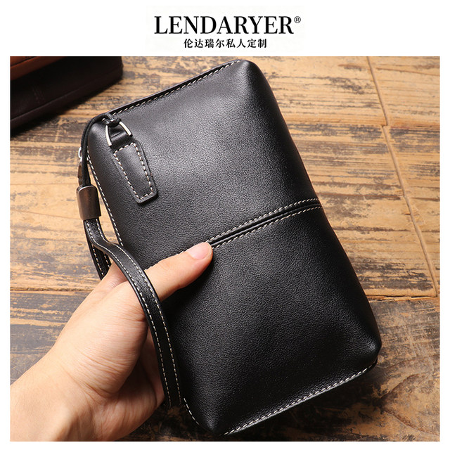 Lendaryer Clutch Bag for Men, Light Luxury Genuine Leather Zipper Long Casual Mobile Phone Bag, Business Travel and Commuting Wallet