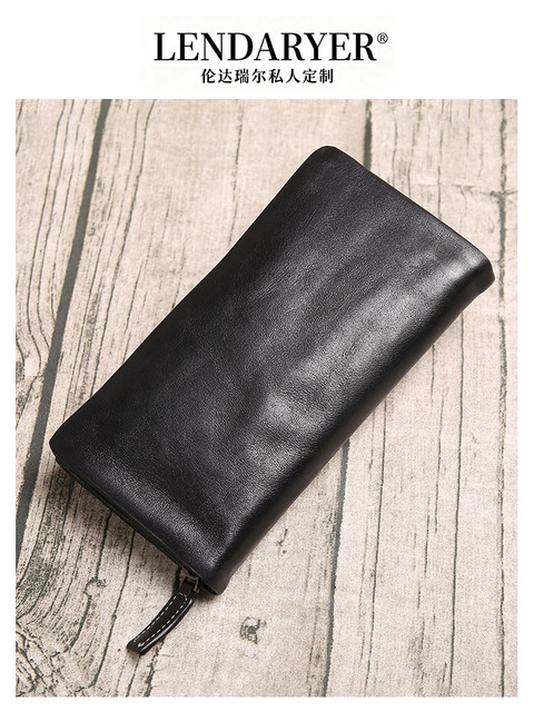 Lendaryer Men's Genuine Leather Zipper Clutch Bag, Long Style, Large Capacity, Fashionable Casual Wallet, Business Travel Clutch Bag