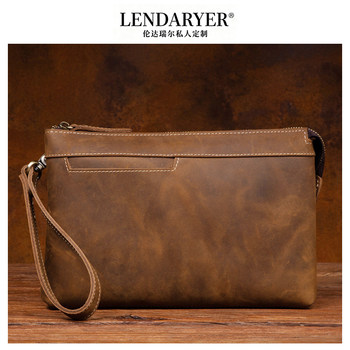 Lendaryer Men's Clutch Bag, Crazy Horse Leather, Business, Artistic, Retro, First-Layer Cowhide, Casual Handbag, Lightweight Wallet