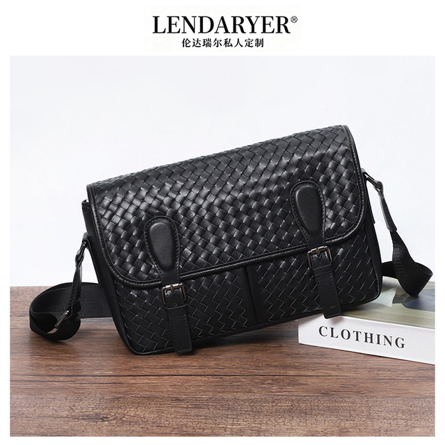 Lendaryer Single Shoulder Bag for Men, New Woven Top-Layer Cowhide Crossbody Bag with Flap, Portable Multifunctional Crossbody Bag