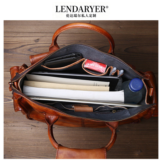 Lendaryer Men's Briefcase New Model High-End First-Layer Cowhide Horizontal Style Vintage Hand-Rubbed Vegetable-Tanned Leather Laptop Bag