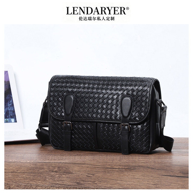 Lendaryer Single Shoulder Bag for Men, New Woven Top-Layer Cowhide Crossbody Bag with Flap, Portable Multifunctional Crossbody Bag