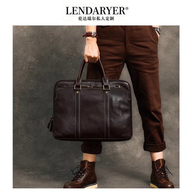 Lendaryer Retro Handmade Men's 15inch Horizontal Leather Laptop Bag Business Fashion Briefcase for Men