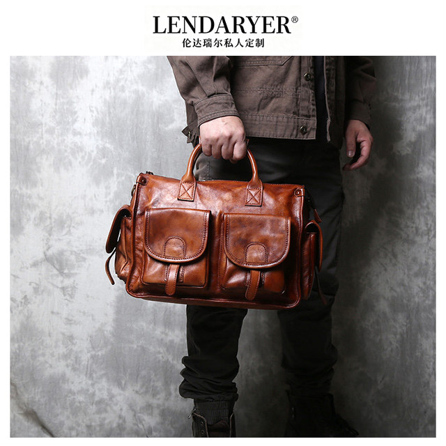 Lendaryer Men's Briefcase New Model High-End First-Layer Cowhide Horizontal Style Vintage Hand-Rubbed Vegetable-Tanned Leather Laptop Bag