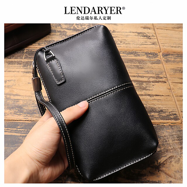 Lendaryer Clutch Bag for Men, Light Luxury Genuine Leather Zipper Long Casual Mobile Phone Bag, Business Travel and Commuting Wallet